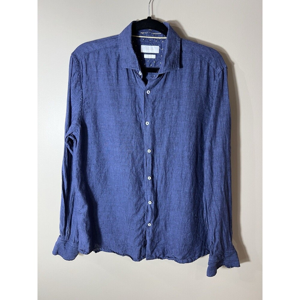 Porter and Ash 100% Linen Yarn Dyed Shirt Mens Medium Blue Button